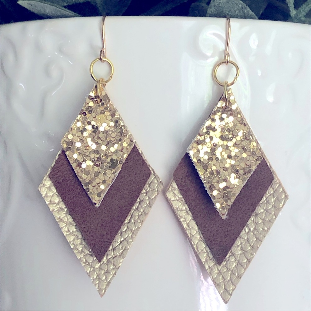 New Faux Leather Dangling Handmade Layered Sparkling Earrings Neutral Glitter